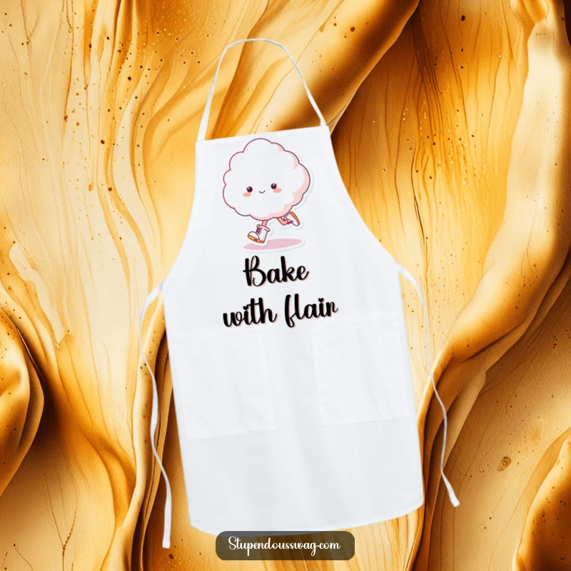Funny Skipping Cloud Apron: A fluffy cloud wearing tiny boots skips while cooking joyfully.