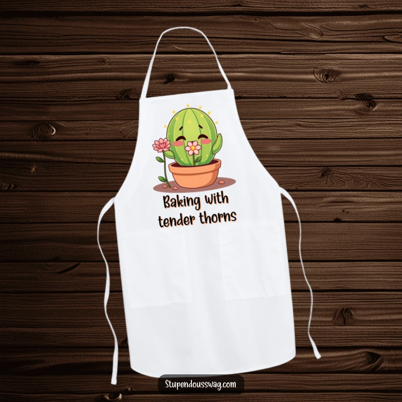Funny shy cactus apron with a nervous plant offering a flower, a humorous and practical kitchen accessory.