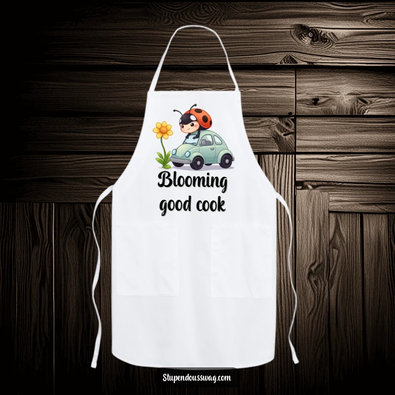 Funny apron featuring a ladybug trying to power a tiny car using a flower, a humorous kitchen accessory for chefs.