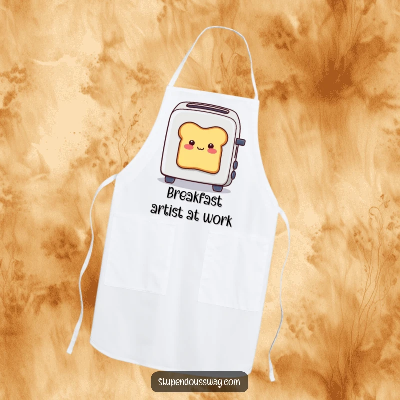 Funny apron featuring a smiling bread slice stuck halfway out of a toaster, perfect for chefs who enjoy humorous kitchen attire.