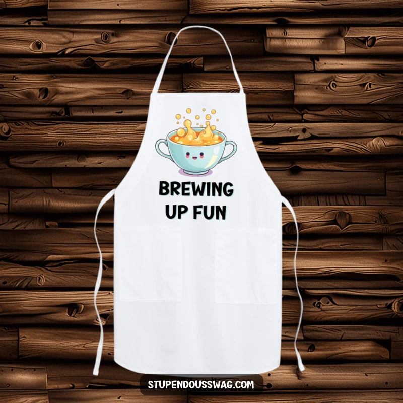 Funny Apron: A tiny teacup overflowing with enthusiastic, bubbly liquid, ready for cheerful kitchen fun.