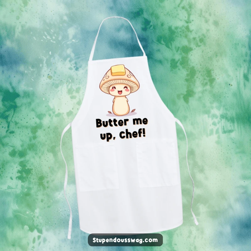 Funny mushroom apron with a delighted mushroom wearing a tiny hat made of a butter pat. Whimsical and practical kitchen wear.