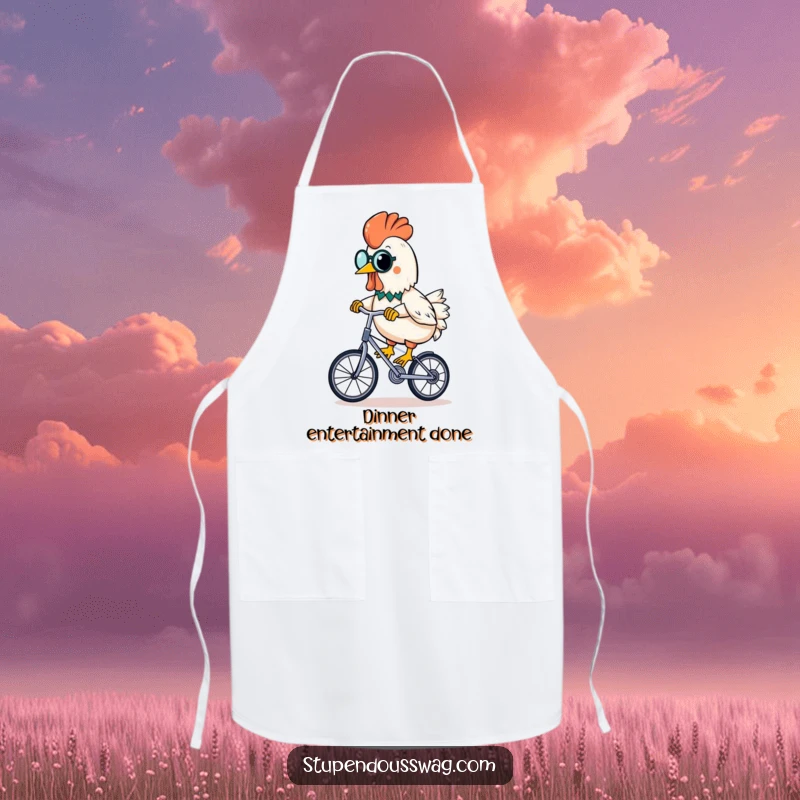 Funny rubber chicken wearing a monocle, riding a unicycle with a banana, on a humorous kitchen apron.