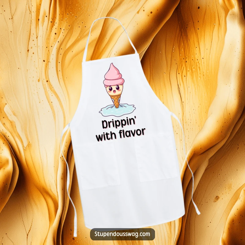 Funny apron showing a surprised ice cream cone melting dramatically into a puddle, ideal for kitchen humor.