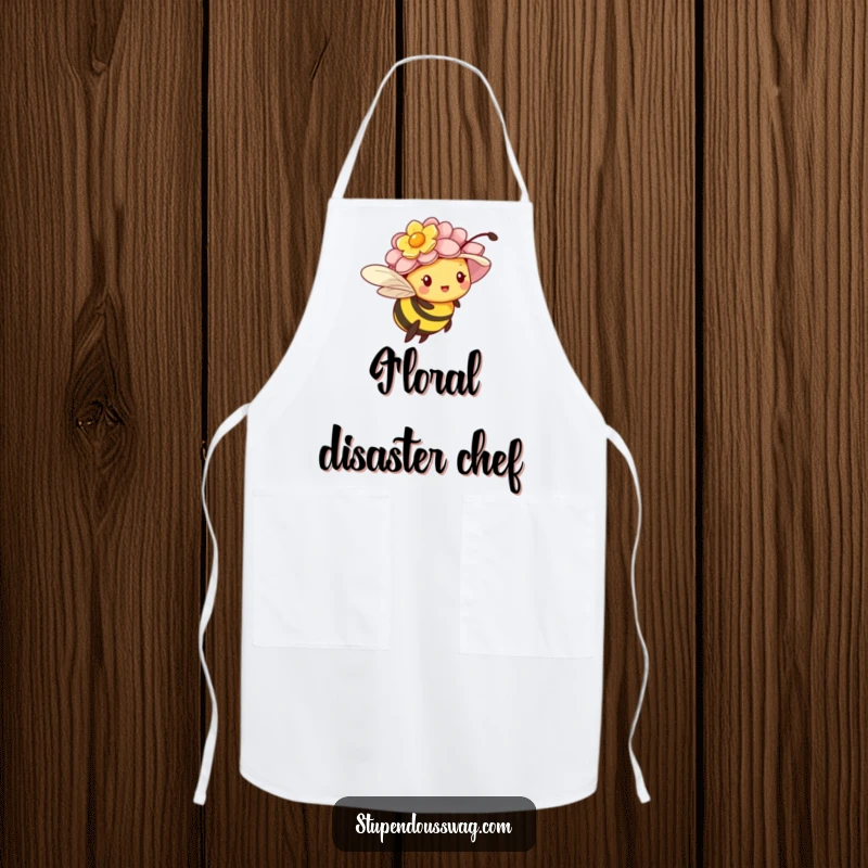 Funny apron showing a tiny bee struggling to fly with an oversized flower hat, ideal for kitchen humor.