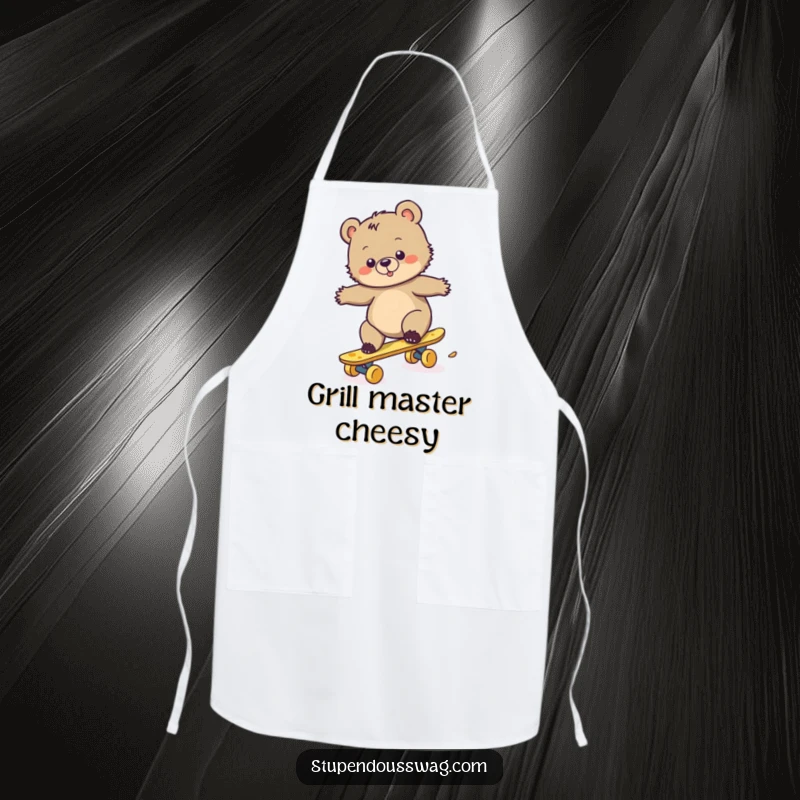 Funny apron depicting a clumsy bear cub attempting to skateboard on cheese, a humorous and practical kitchen accessory.
