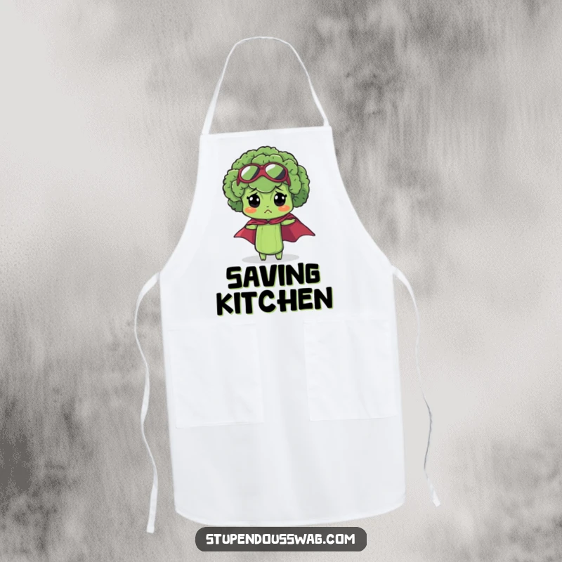 Funny bewildered broccoli apron with a miniature superhero cape on a comically confused vegetable, perfect for kitchen duty.