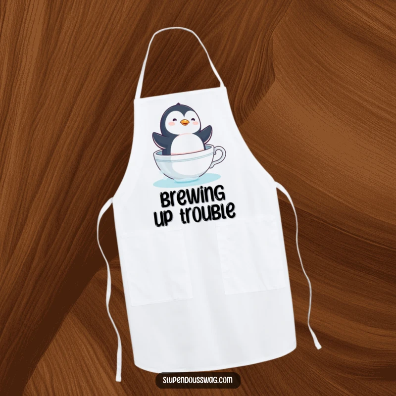 Funny dizzy penguin apron showing a comical bird sailing in a teacup, a humorous and practical kitchen gift.