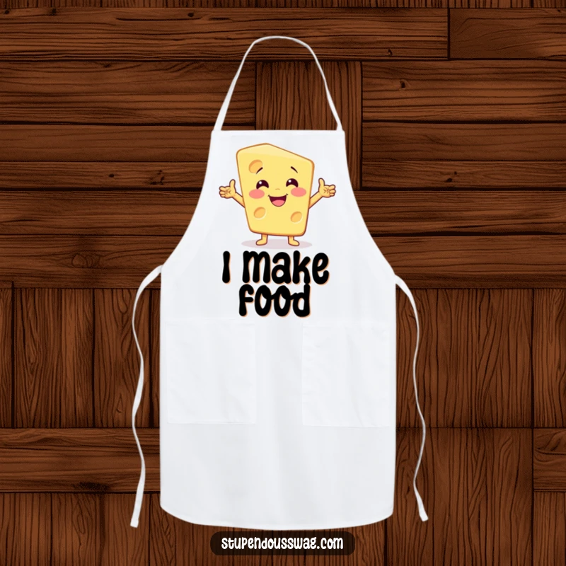 Funny dramatic cheese apron with a smiling cheese wedge striking a confident, performance-worthy pose.