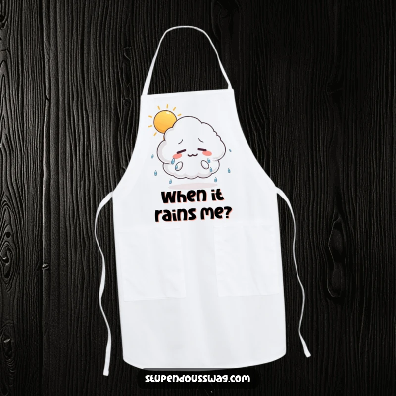 Funny apron with a nervous, sweaty cloud graphic on a sunny day, ideal for kitchen humor and protecting clothes.