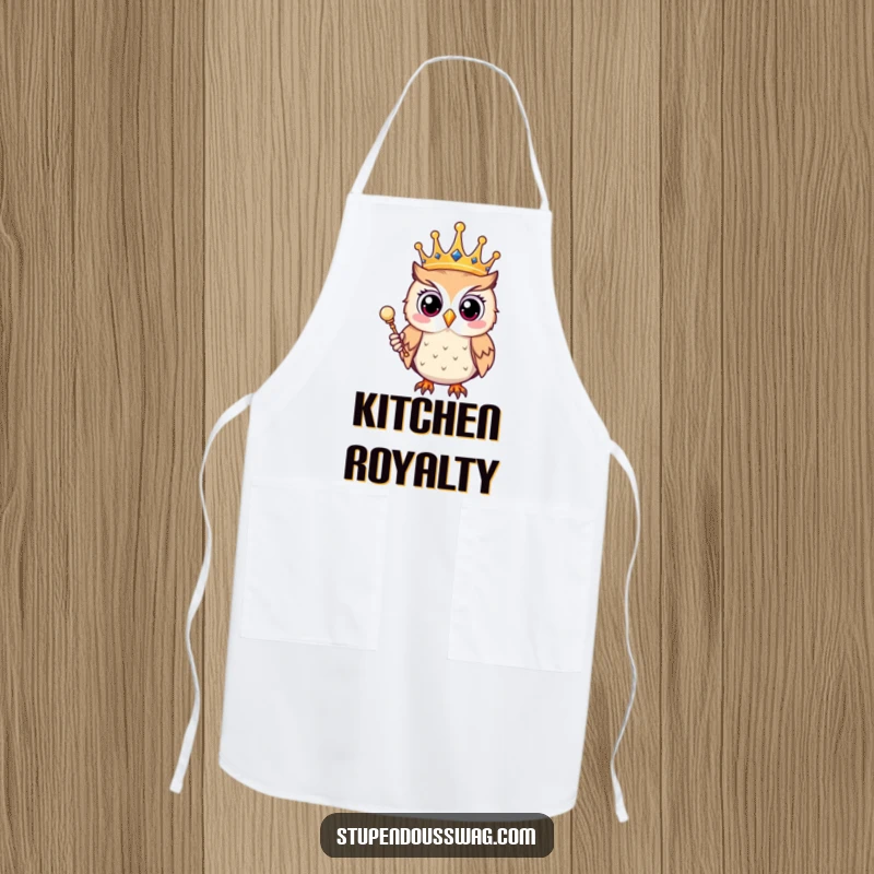 Funny apron with a surprised owl wearing a crown and holding a scepter, perfect for adding humor and a regal touch to kitchen activities.