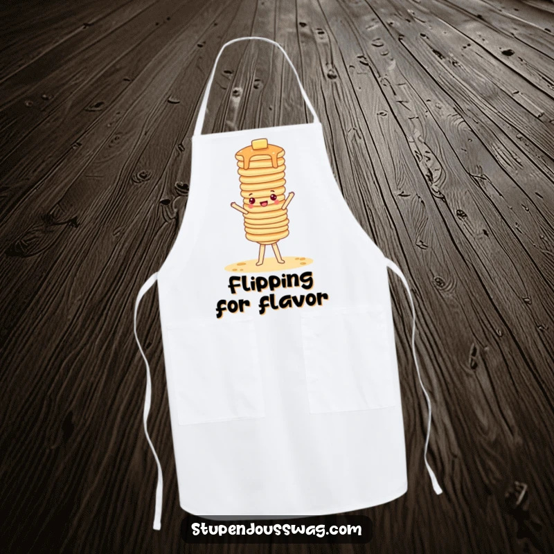 Funny apron showing a wobbly stack of pancakes attempting a handstand, ideal for kitchen humor.