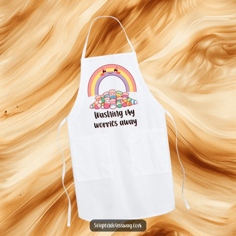 Funny apron featuring a smiling rainbow arching over giggling socks, ideal for a humorous cooking experience.