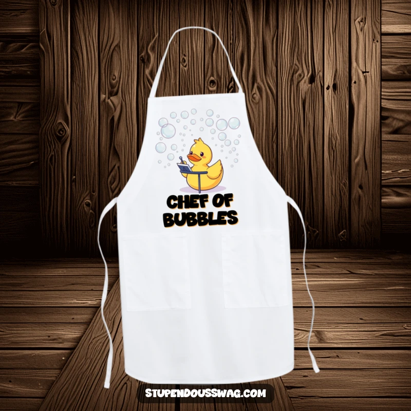 Funny rubber duck conducting a bubble orchestra, a cute and practical apron for kitchen use.