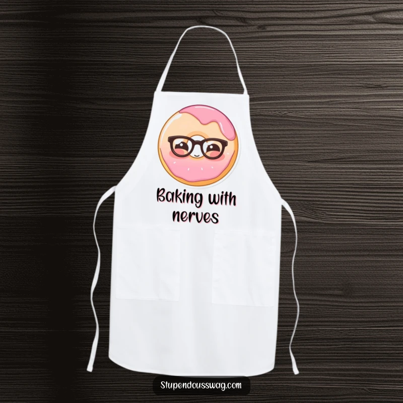 Funny apron featuring a shy donut wearing glasses, blushing adorably, ideal for culinary creations with a touch of bashfulness.