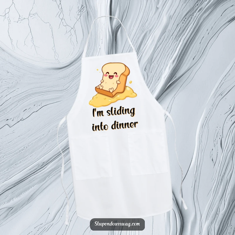 Funny apron showing a bread loaf comically sliding down a buttered surface, a humorous kitchen companion.