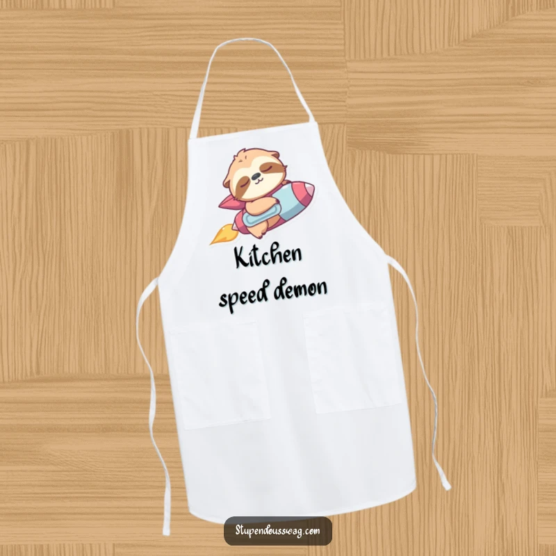 Funny apron showing a sleepy sloth wearing a jetpack, accidentally zooming upwards in the kitchen.