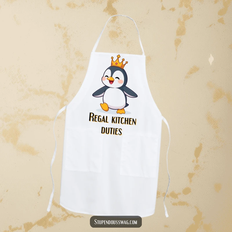 Funny apron showing a penguin in a tiny crown, comically attempting to fly, ready to help in the kitchen.