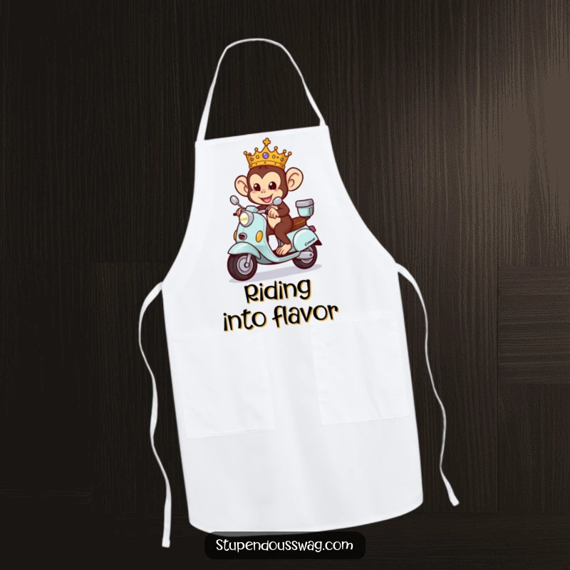Funny Monkey King Apron with a mischievous monkey wearing a crown, riding a tiny ornate scooter in regal style.