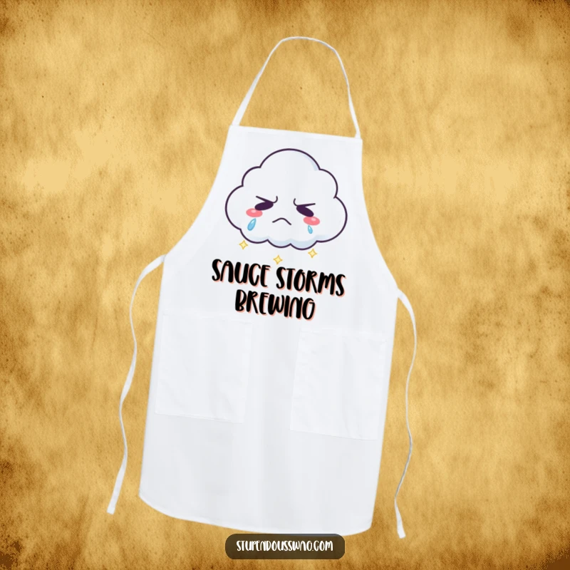 Funny grumpy cloud apron with sparkling rainbow tears, a humorous and practical kitchen accessory.