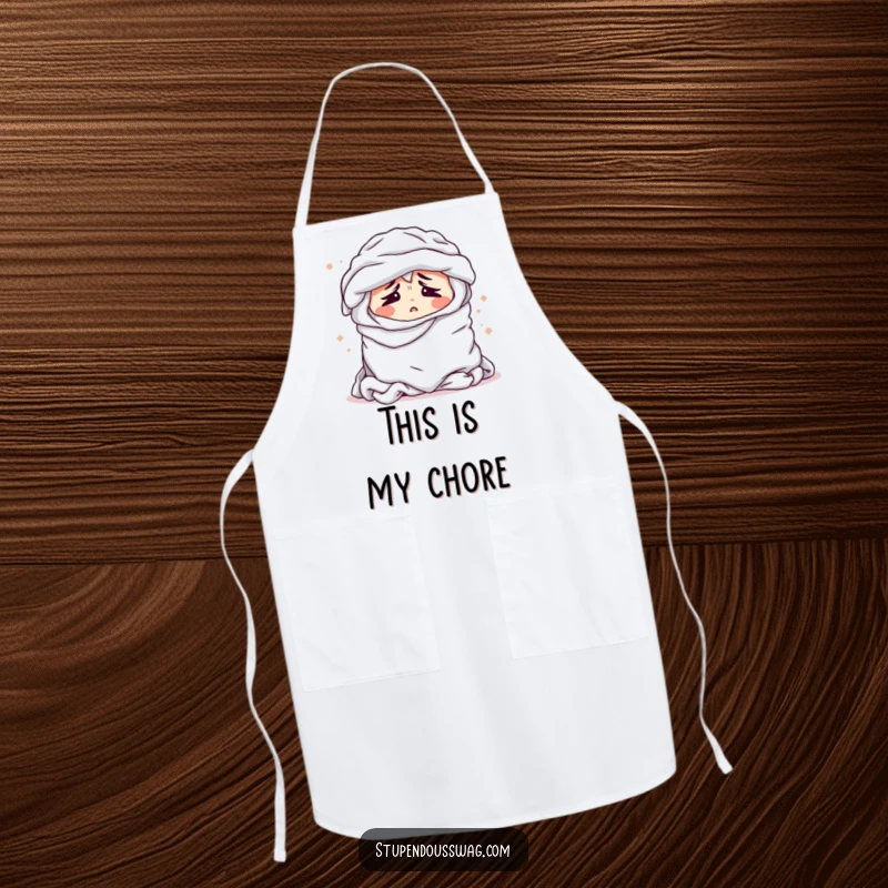 Funny apron with a bewildered pile of laundry sighing dramatically, a humorous kitchen accessory for chore-challenged cooks.