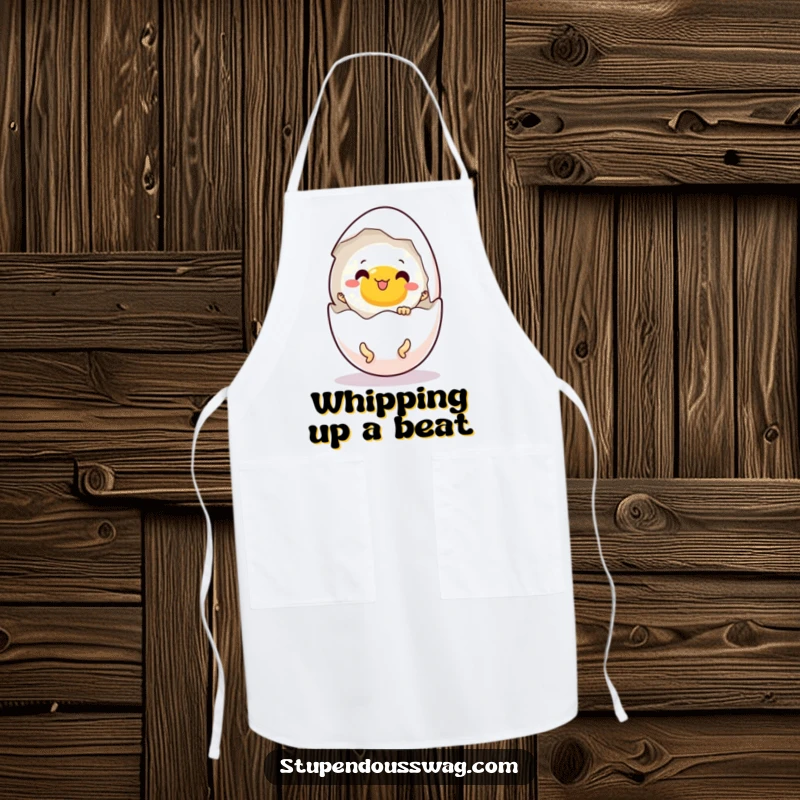 Funny apron showing a startled egg cracking open with tiny dancing legs, ideal for kitchen humor.