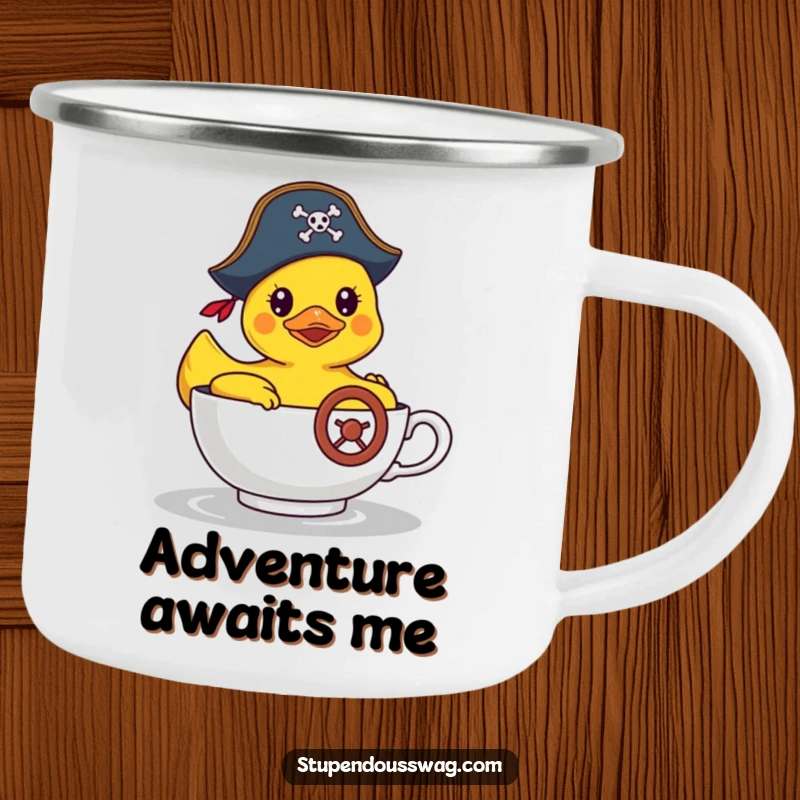 Funny camping mug showing a rubber duck wearing a pirate hat steering a teacup, perfect for outdoor enjoyment with a humorous touch.