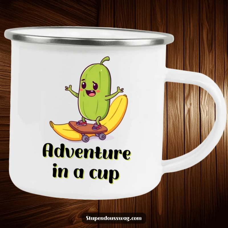 Funny camping mug with a mischievous pickle skateboarding down a banana peel, ideal for outdoor adventures.
