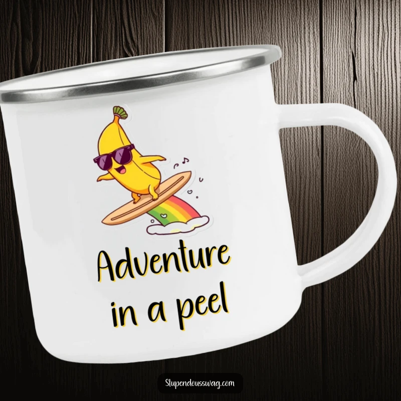 Funny camping mug with a banana in sunglasses surfing a colorful rainbow, perfect for enjoying drinks outdoors.