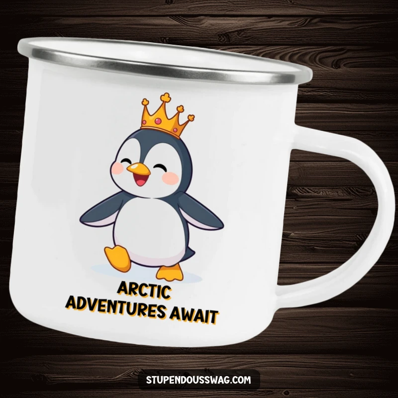 Funny camping mug with a penguin wearing a tiny crown, comically attempting to fly, ready for outdoor adventures.