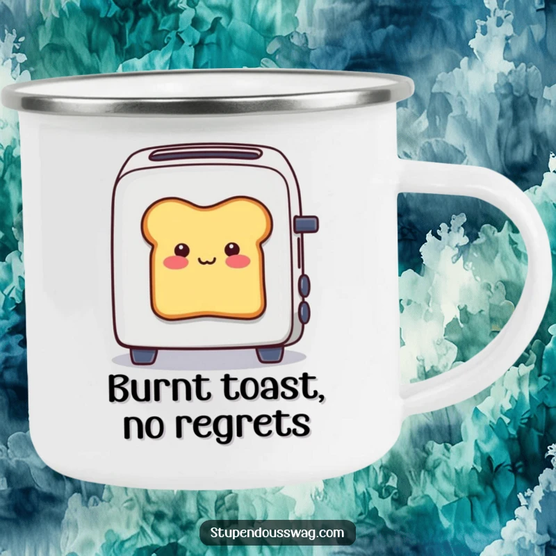 Funny camping mug with a smiling bread slice stuck halfway out of a toaster, ideal for outdoor enthusiasts who love a good chuckle.