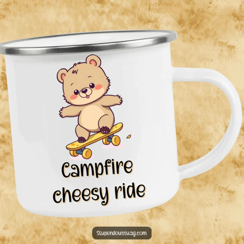 Funny camping mug with a clumsy bear cub attempting to skateboard on cheese, offering humorous companionship on outdoor trips.