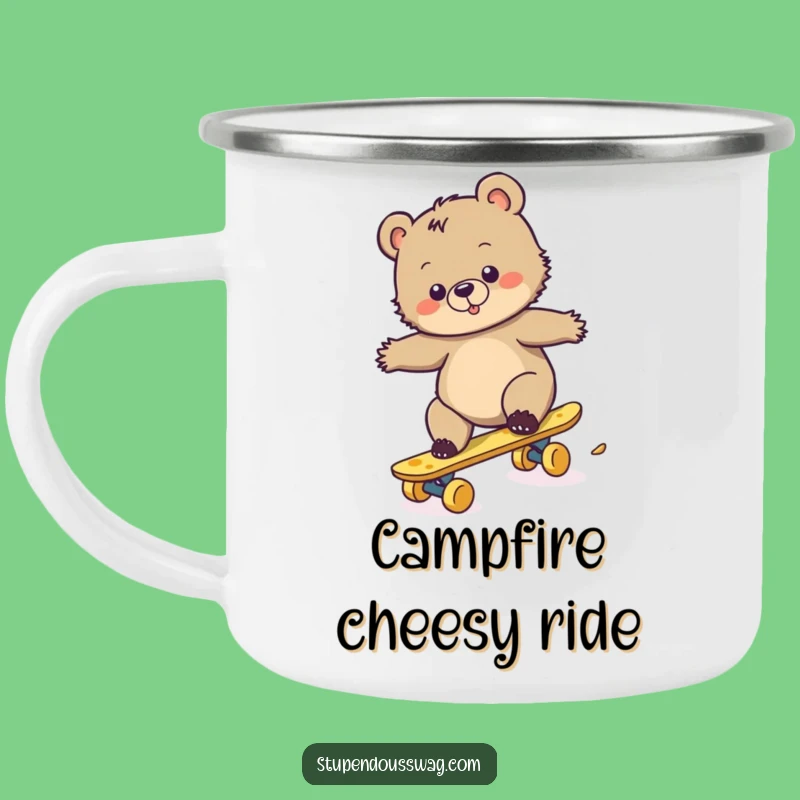 Funny Bear Cub Cheese Skateboard Camping Mug: Outdoor Adventures with Clumsy Cub