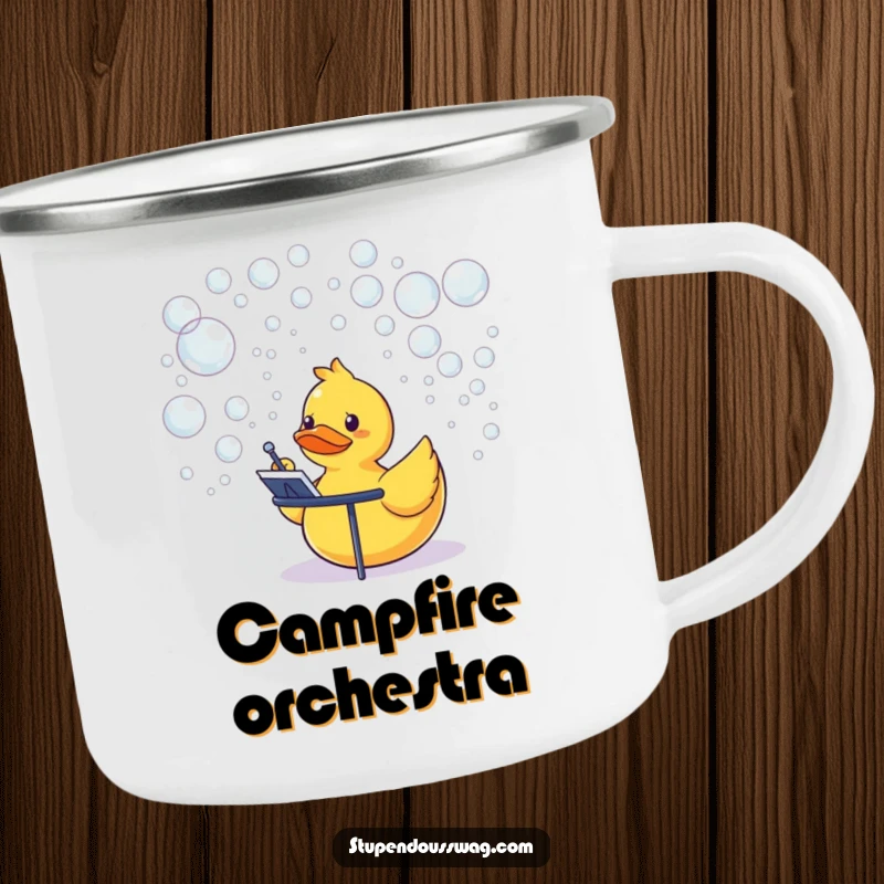 Funny rubber duck conducting a bubble orchestra, a durable camping mug for outdoor enthusiasts.