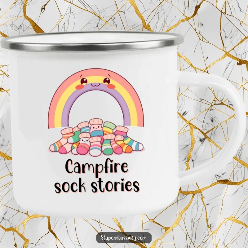 Funny camping mug featuring a smiling rainbow over a pile of giggling socks, perfect for outdoor enthusiasts.