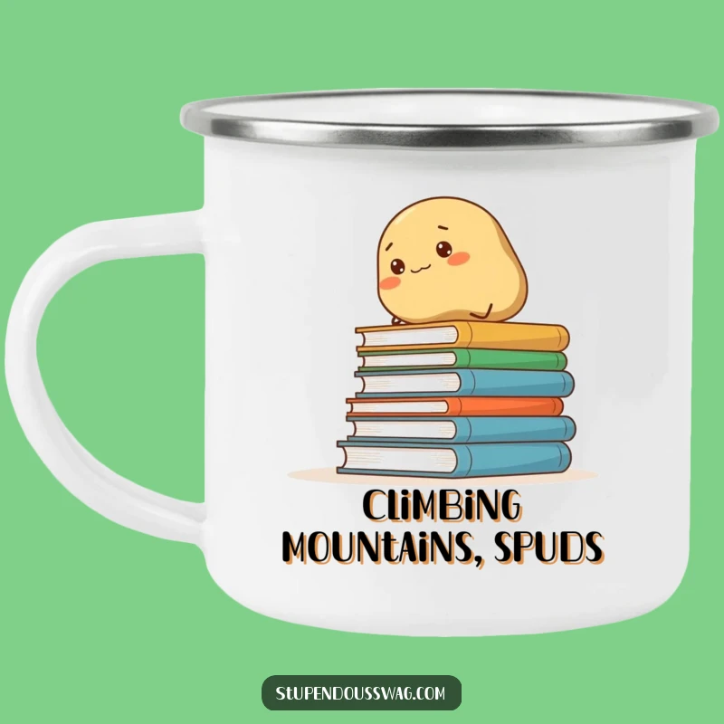 Funny Determined Potato Climbing Books Camping Mug: Adventure Fuel for Bookish Explorers