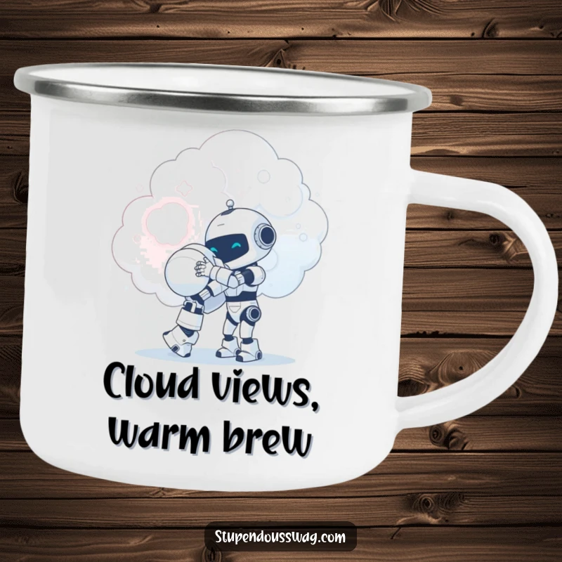 Funny tiny robot giving a giant hug to a fluffy cloud, illustrated on an enamel camping mug for outdoor, humorous enjoyment.