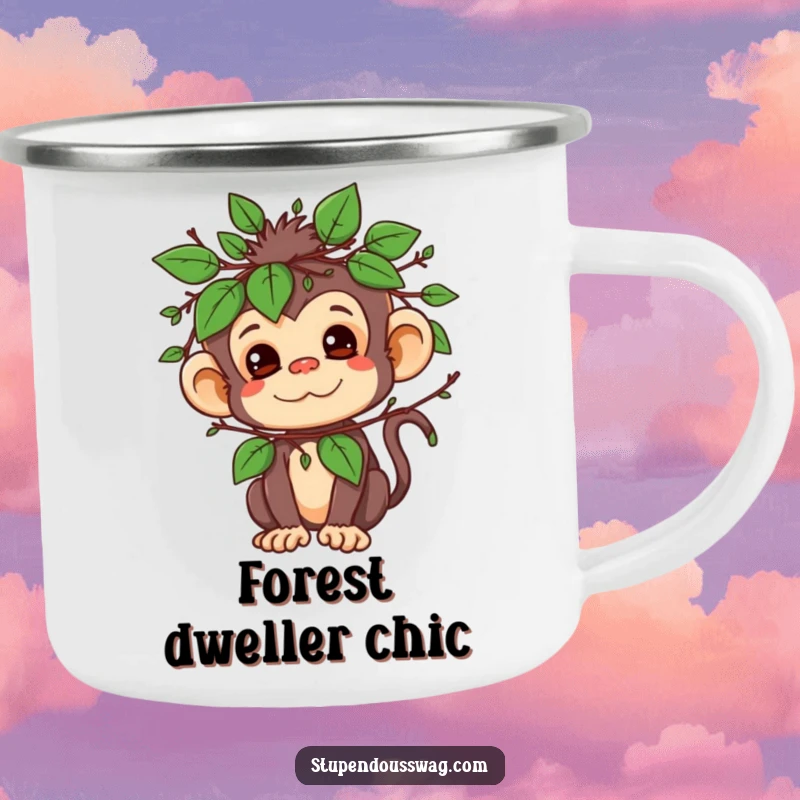Funny camping mug with a mischievous monkey character wearing a disguise of leaves and twigs, ideal for outdoor use.