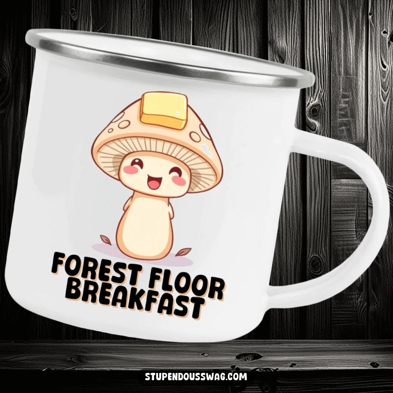 Funny mushroom camping mug showing a delighted mushroom wearing a tiny hat made of a butter pat. Durable and whimsical drinkware.