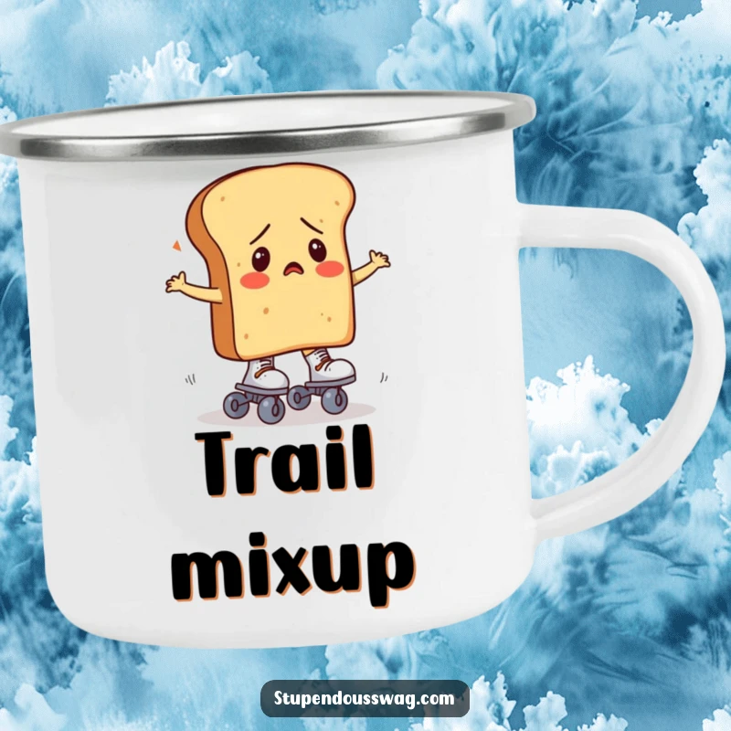 Confused loaf of bread trying to wear roller skates, a durable camping mug for outdoor enthusiasts.