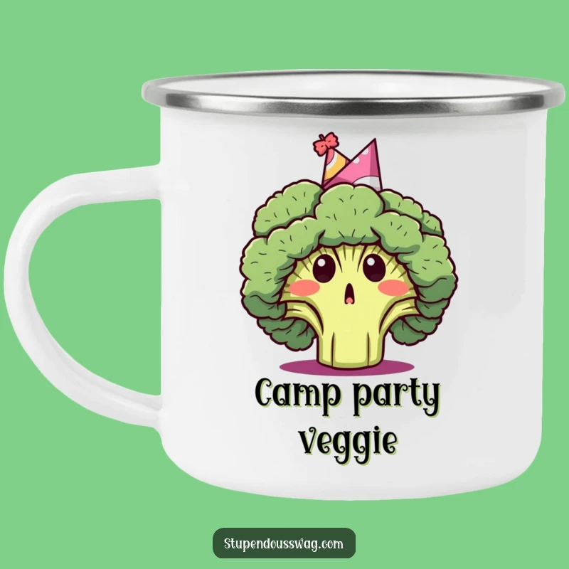 Funny Broccoli Party Hat Camping Mug: Outdoor Celebrations with Surprised Veggie Fun