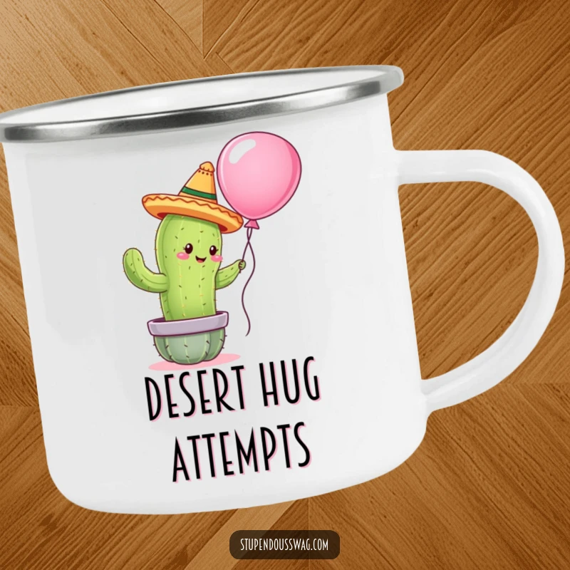 Funny camping mug showing a cactus wearing a tiny sombrero attempting to hug a balloon, perfect for outdoor enjoyment with a humorous touch.