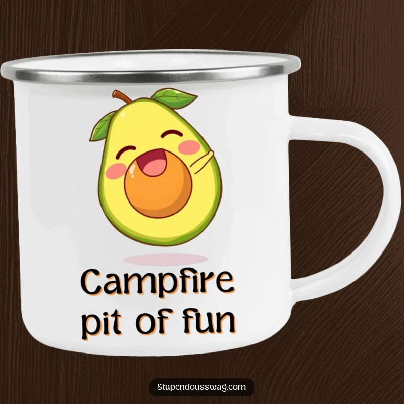 Funny avocado camping mug showing a laughing avocado pit escaping its fruit and doing a tiny somersault. Durable and humorous drinkware.