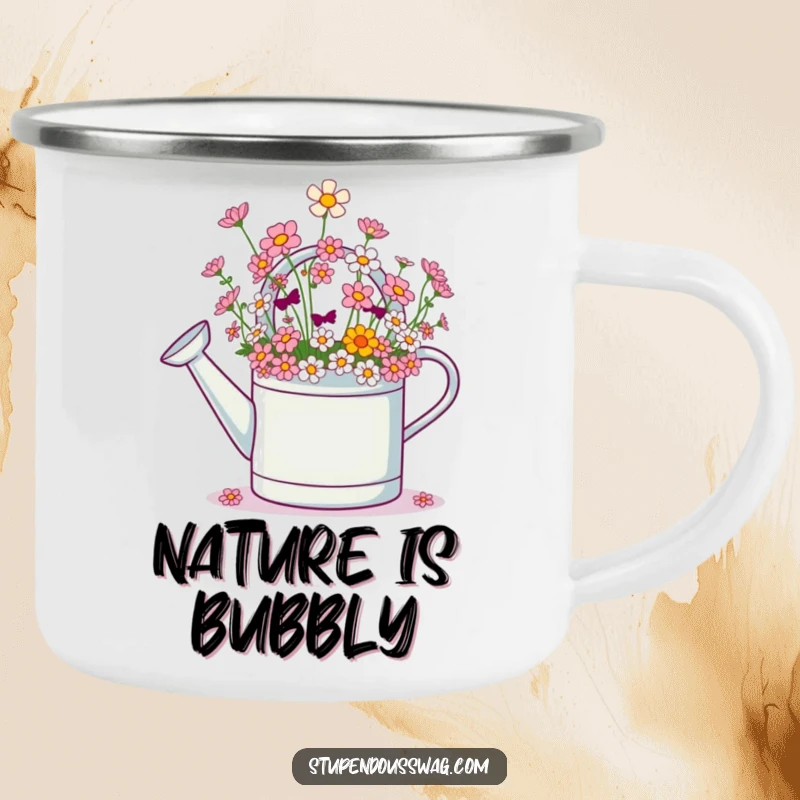 Funny camping mug with a giggling watering can spilling tiny flowers, perfect for cheerful outdoor sips and a dose of joy.