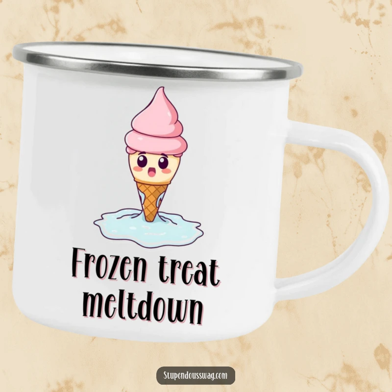 Funny camping mug showing a surprised ice cream cone melting dramatically into a puddle, ideal for outdoor humor.