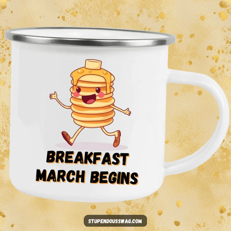 Funny camping mug with a cheerful, wobbly stack of pancakes humorously marching, perfect for enjoying beverages during outdoor adventures.