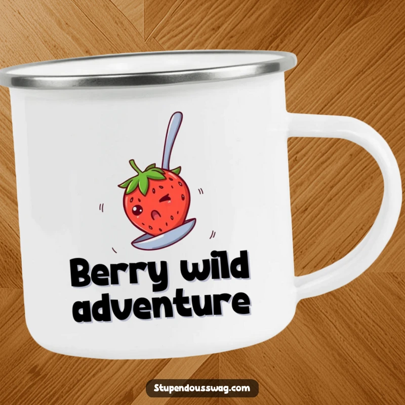 Funny camping mug showing a bewildered strawberry spinning rapidly on an upside-down spoon, great for outdoor enthusiasts who enjoy humorous designs.