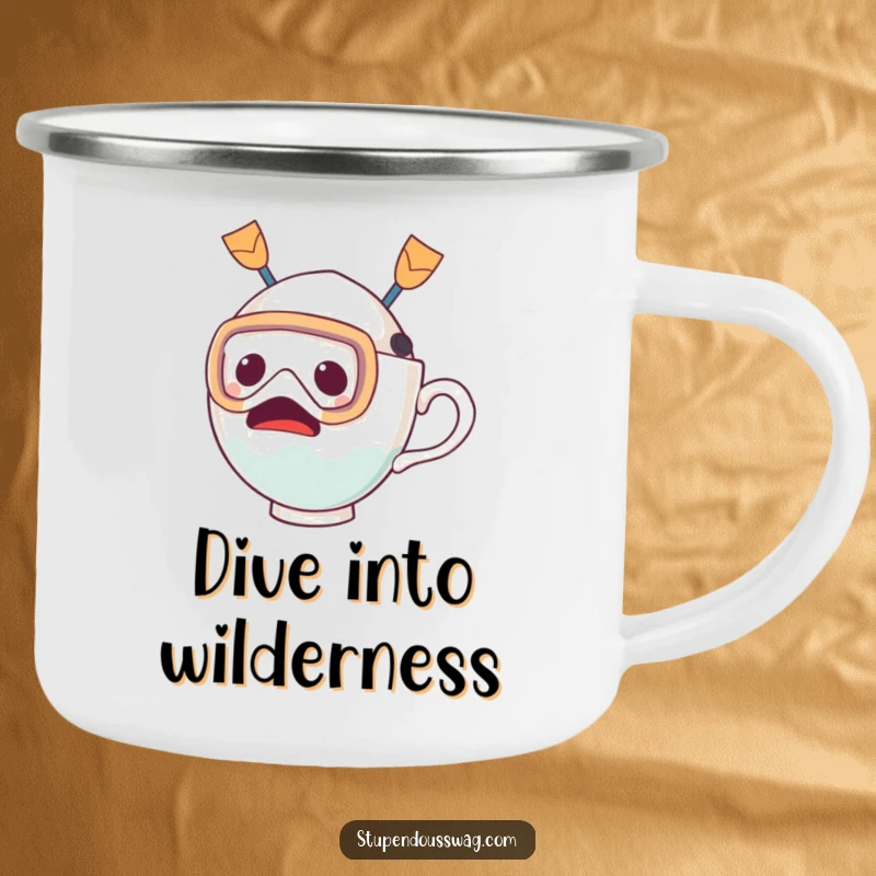 Funny camping mug with a startled teacup character wearing a diving mask and fins, humorously ready to dive into beverages or adventure.