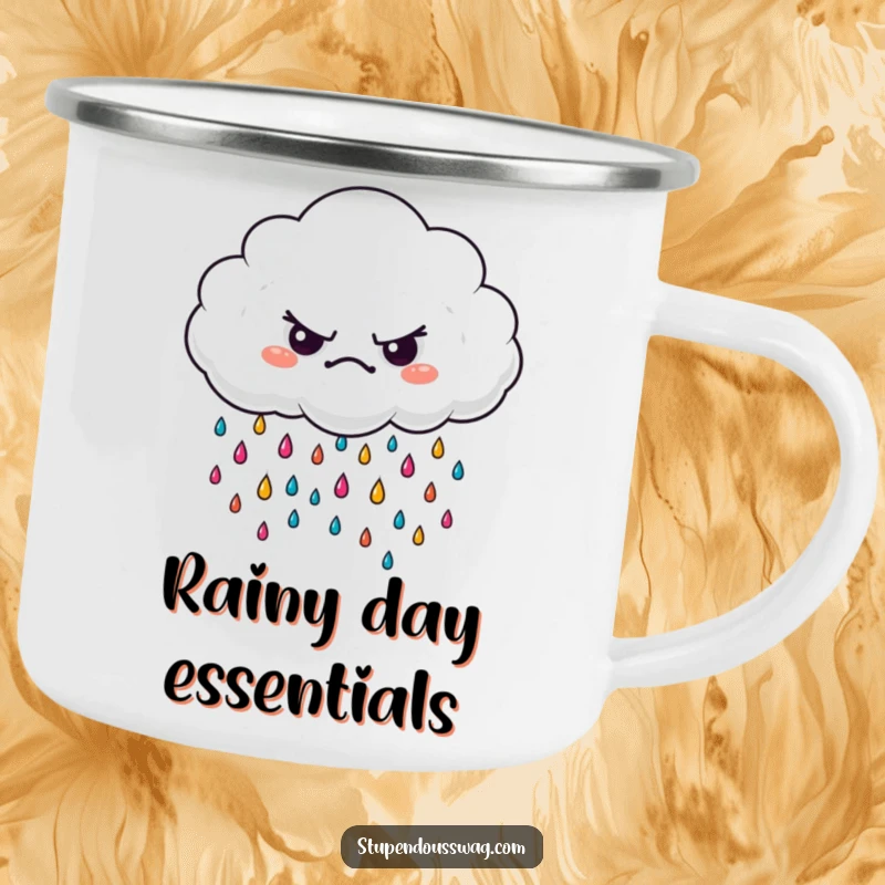 Funny grumpy cloud camping mug with tiny, colorful falling raindrops, designed for humorous outdoor enjoyment and sturdy use.