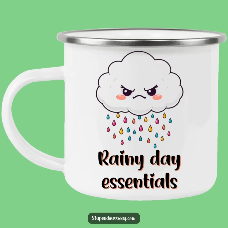 Funny Grumpy Cloud Camping Mug: Colorful Raindrops for Outdoor Humor